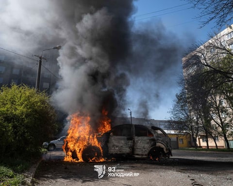 Aftermath of Russian FPV drone strike on a car in Kramatorsk Donetsk Oblast May 2026 as Russian operation pressure mounts
