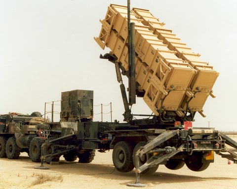A US-made Patriot missile launcher of the Kuwaiti air force, the system defending Kuwait against Iranian drone and missile attacks