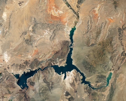 NASA Landsat 9 satellite image of Lake Mead from July 3 2022 showing low water levels with prominent bathtub ring