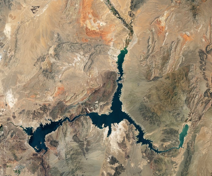 NASA Landsat 9 satellite image of Lake Mead from July 3 2022 showing low water levels with prominent bathtub ring