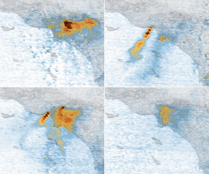 NASA TEMPO satellite image showing nitrogen dioxide pollution readings over Los Angeles County during the January 2025 fires