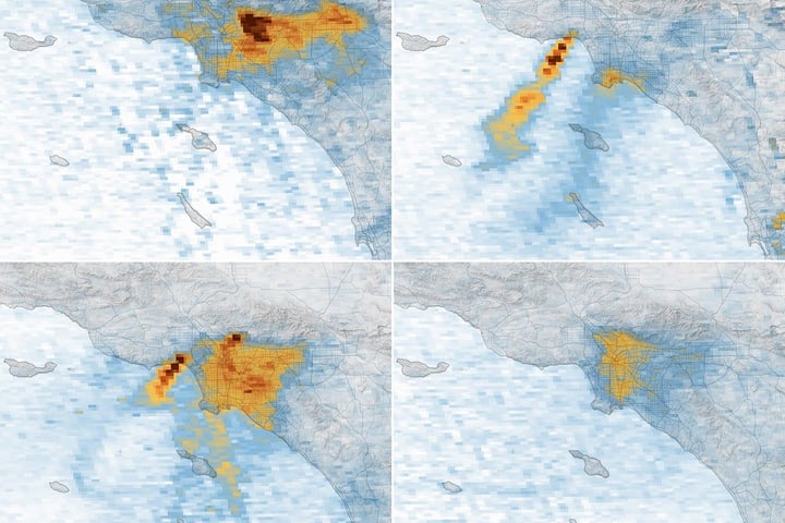 NASA TEMPO satellite image showing nitrogen dioxide pollution readings over Los Angeles County during the January 2025 fires