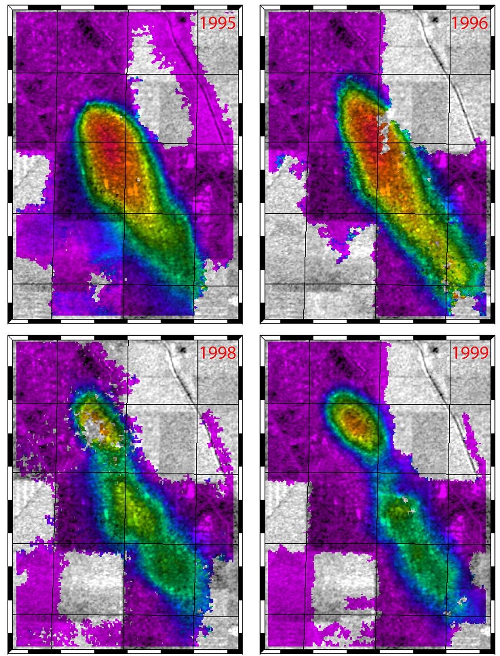 NASA synthetic aperture radar interferogram of the Lost Hills California oil field
