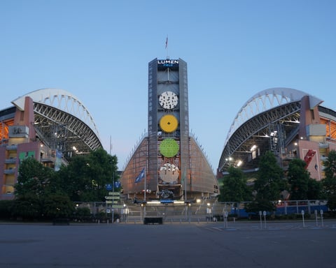 Lumen Field in Seattle, the Seahawks' stadium whose arches are depicted on the Super Bowl LX championship ring