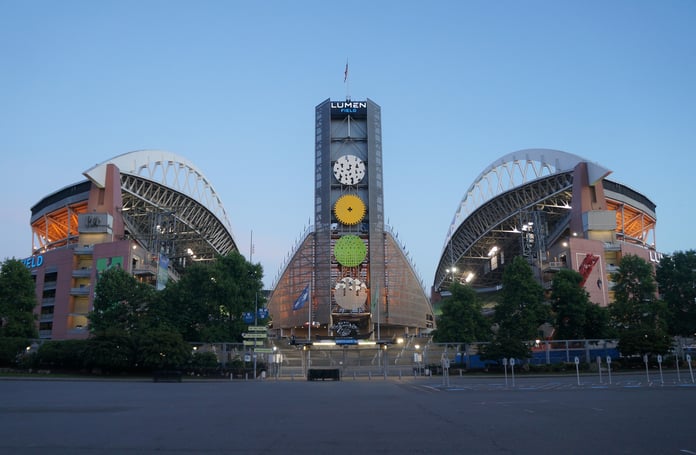 Lumen Field in Seattle, the Seahawks' stadium whose arches are depicted on the Super Bowl LX championship ring