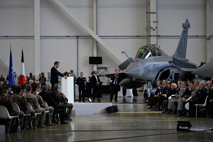 French President Emmanuel Macron addressing military personnel at Istres Air Base in January 2026