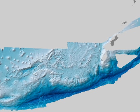 Bathymetric map of Mariana Trench produced by University of New Hampshire and NOAA showing deep western Pacific seafloor with Challenger Deep