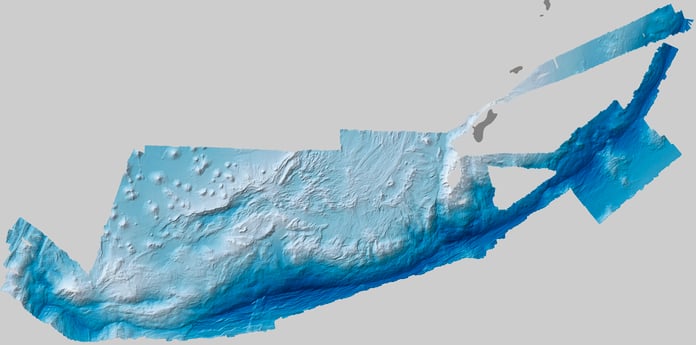 Bathymetric map of Mariana Trench produced by University of New Hampshire and NOAA showing deep western Pacific seafloor with Challenger Deep