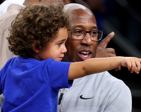 Mike Brown laughs and celebrates on the court after the New York Knicks win the 2026 NBA Championship at Frost Bank Center