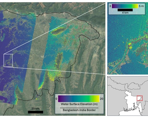 NASA SWOT satellite data showing monsoon flooding in the Bay of Bengal region