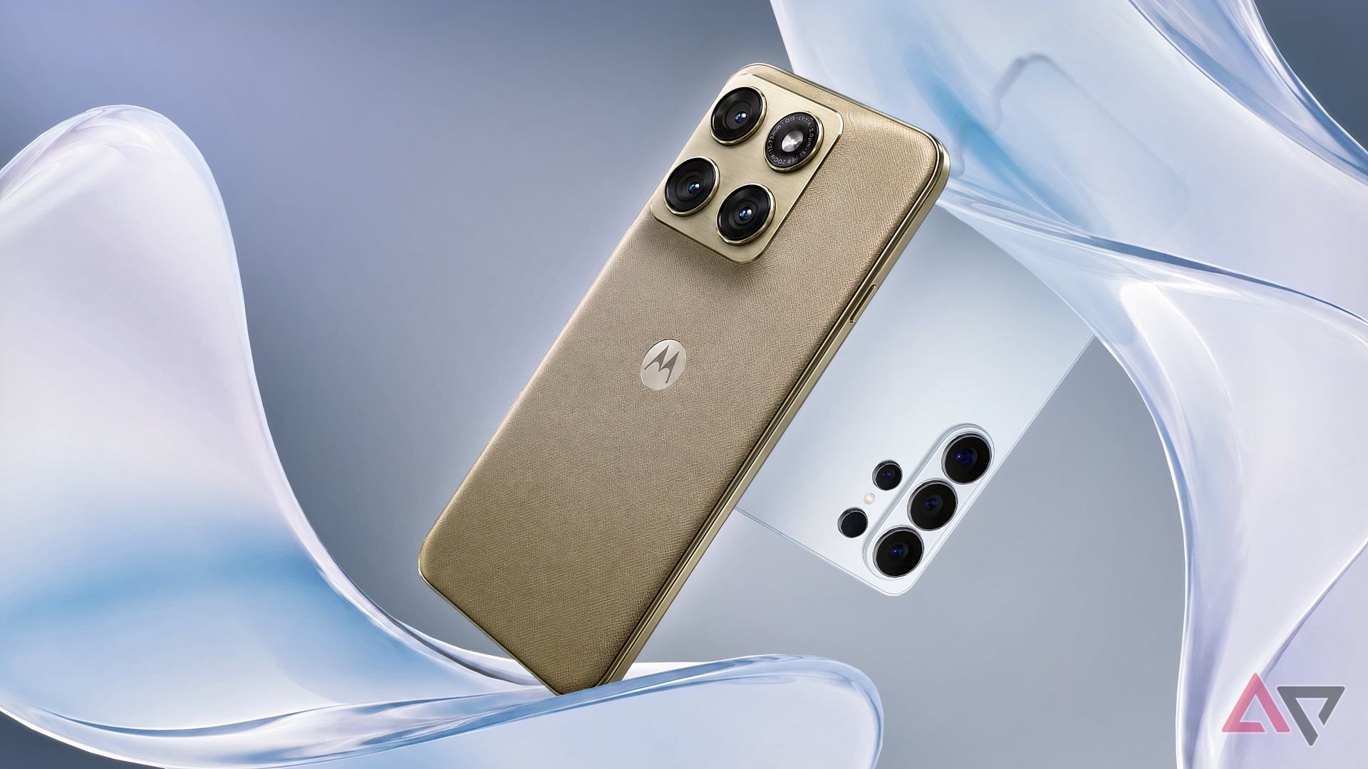 Motorola Edge 2026 placed in front of a Samsung Galaxy S26 on an abstract background comparing the two compact Android flagships