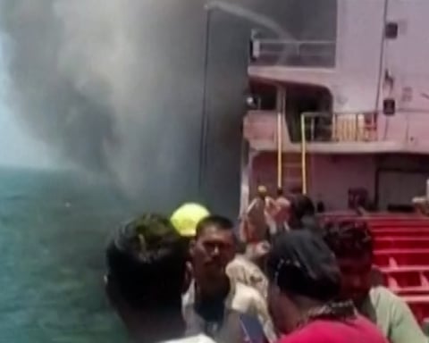 Image from coverage of the rescue of 24 Indian crew members from the MT Marivex tanker struck by a US missile off Oman