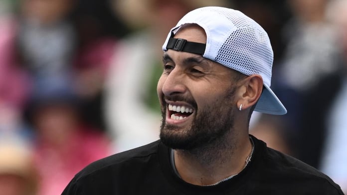 Nick Kyrgios serving at the BOSS Open Stuttgart 2026 against Corentin Moutet
