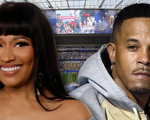 Nicki Minaj attends the Brazil vs Morocco FIFA World Cup 2026 group stage match at MetLife Stadium with husband Kenneth Petty and son Papa Bear