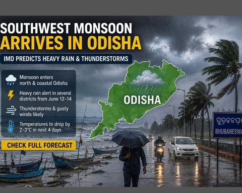 Heavy monsoon rain over Odisha as the southwest monsoon enters the state from its northern coast in June 2026