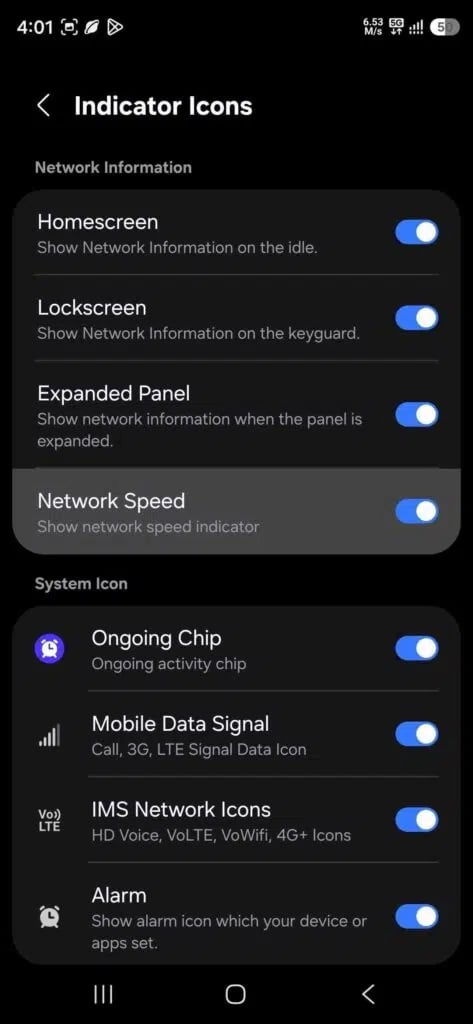 One UI 9 QuickStar module showing the new network speed meter toggle inside Indicator Icons settings on a Samsung Galaxy phone