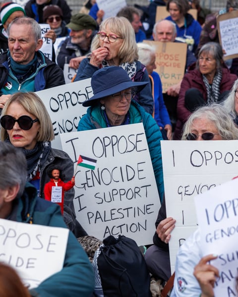 Demonstrators at Trafalgar Square in London protest the UK government ban on Palestine Action