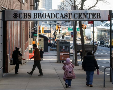 Paramount and CBS branding marking the parent company of CBS News that will absorb Warner Bros. Discovery