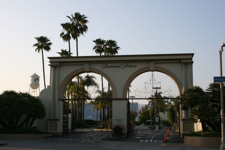 The Melrose Gate of Paramount Pictures studios in Los Angeles, as California weighs a lawsuit to block the Warner Bros. Discovery takeover
