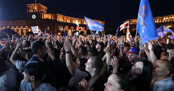 Armenian Prime Minister Nikol Pashinyan speaks at a Civil Contract party rally in Yerevan ahead of Armenia parliamentary elections June 2026