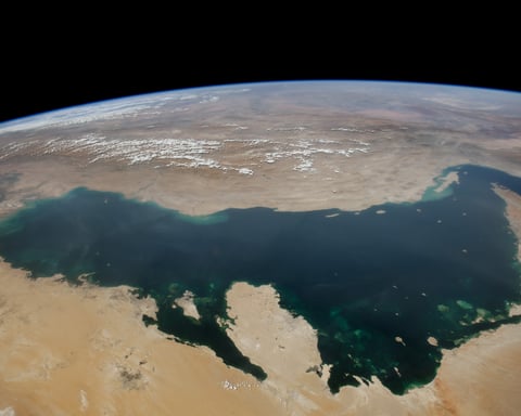 NASA astronaut photograph from ISS of Persian Gulf with Strait of Hormuz showing Iran Iraq Kuwait Saudi Arabia Bahrain Qatar UAE Oman September 2023