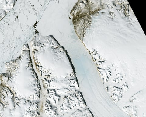 NASA Landsat 8 satellite image of Petermann Glacier in northwestern Greenland showing rift patterns in the floating ice tongue