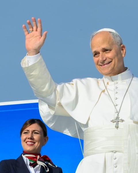 Pope Leo XIV waves as he boards the ITA Airways flight from Rome to Madrid to begin his apostolic journey to Spain on June 6 2026