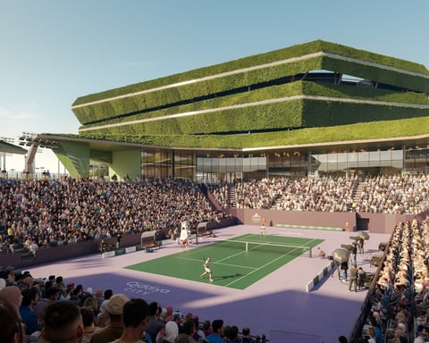 Aerial render of the Qiddiya National Tennis Centre showing the 15000-seat Centre Court and 30 courts in Saudi Arabia