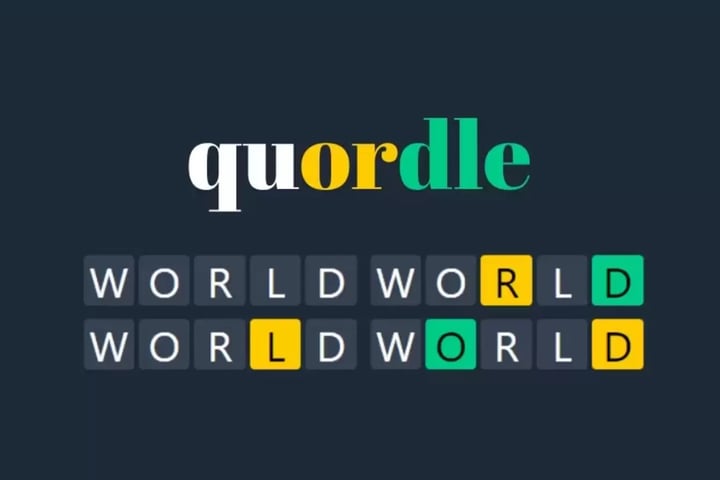 Quordle answers for June 14 2026 Game 1602 showing WIMPY WISPY VIRAL NYLON on four grids