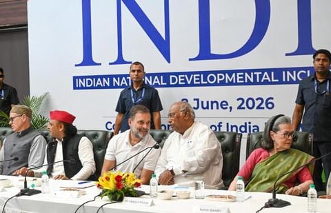 Leader of Opposition Rahul Gandhi addressing INDIA bloc allies at the opposition alliance meeting in New Delhi June 8 2026