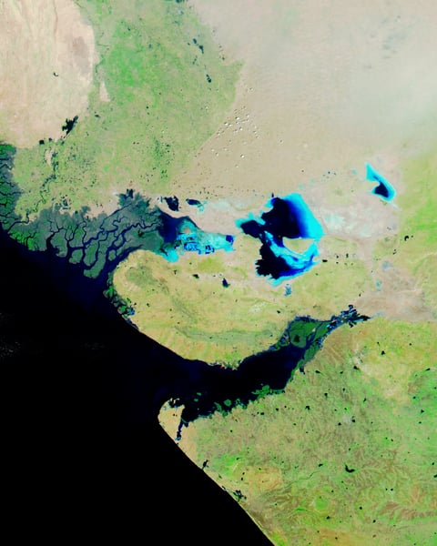 NASA MODIS satellite image of the Rann of Kutch in Gujarat India during the dry season showing the white salt desert extending across northwestern Gujarat state