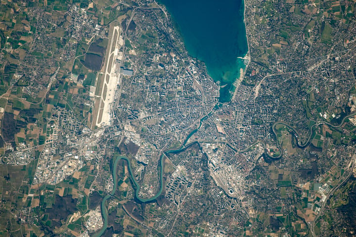 NASA astronaut photograph from ISS of Rhone River flowing from Lake Geneva through Geneva Switzerland