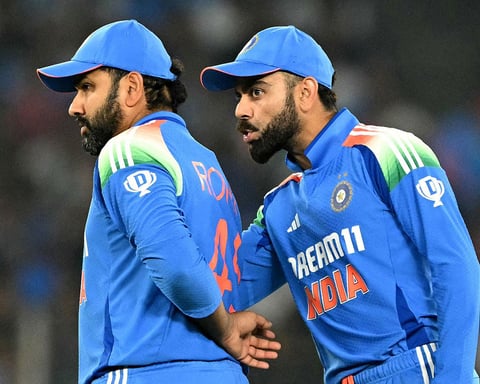 Rohit Sharma and Virat Kohli walk out for India in an ODI, both central to the 2027 World Cup debate