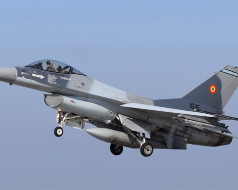 Romanian F-16 fighter jet used by NATO Baltic Air Policing mission that shot down a Ukrainian drone over Estonia