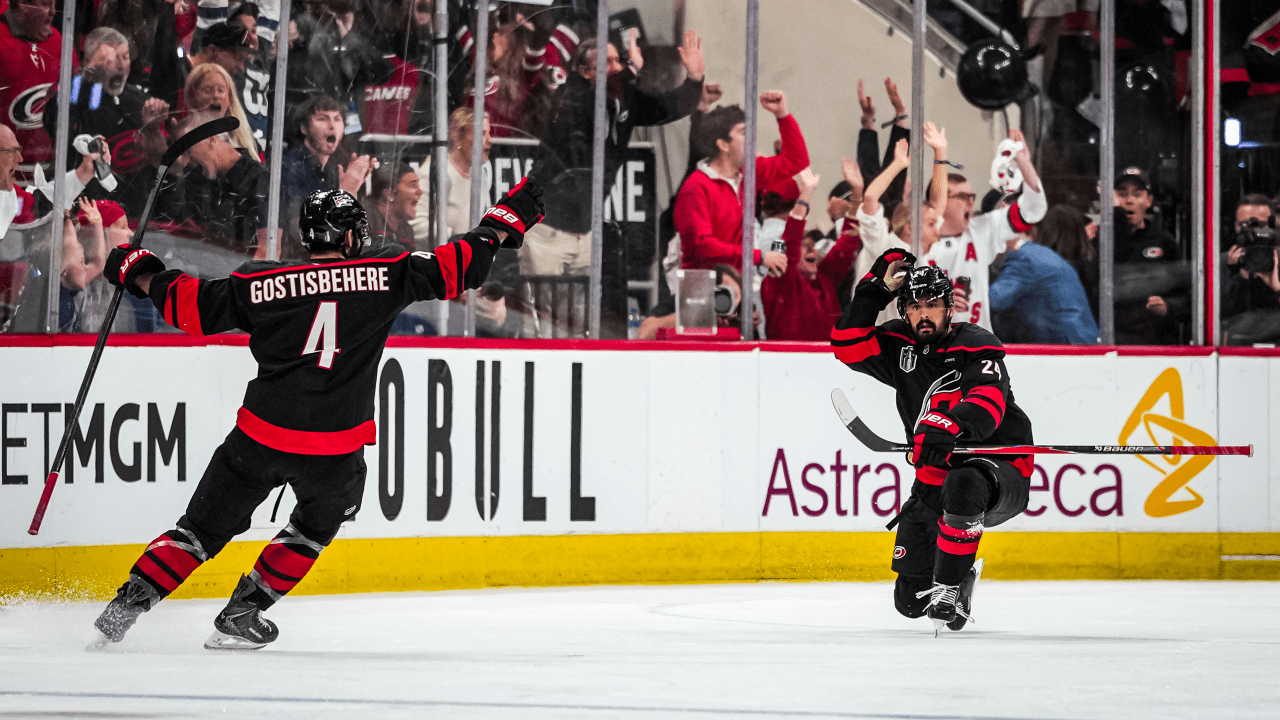 Seth Jarvis celebrates scoring the overtime power play goal in Game 2 of the 2026 Stanley Cup Final for the Carolina Hurricanes