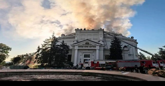 Firefighters extinguish a fire at the Defense of Sevastopol 1854-1855 Panorama museum after a Ukrainian drone attack, June 10, 2026