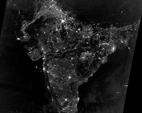 NASA Suomi NPP VIIRS satellite image of South Asia at night showing lights of India Pakistan Bangladesh Sri Lanka
