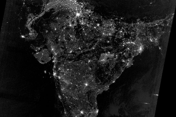 NASA Suomi NPP VIIRS satellite image of South Asia at night showing lights of India Pakistan Bangladesh Sri Lanka