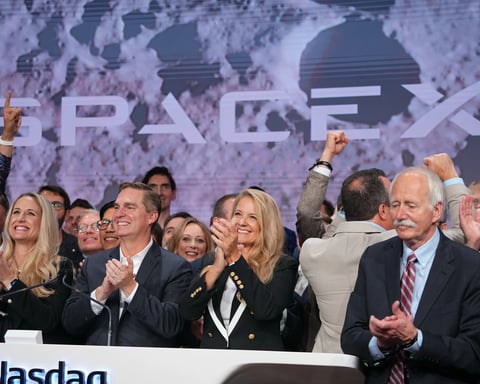 SpaceX Nasdaq IPO opening bell ceremony on June 12, 2026 — Gwynne Shotwell rings the bell at the Nasdaq MarketSite in New York City