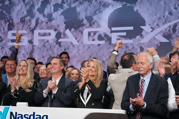 SpaceX Nasdaq IPO opening bell ceremony on June 12, 2026 — Gwynne Shotwell rings the bell at the Nasdaq MarketSite in New York City
