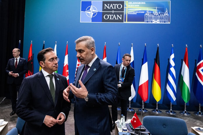 Spanish Foreign Minister Jose Manuel Albares at NATO Foreign Ministers meeting in Helsingborg on Strait of Hormuz mission, May 22 2026