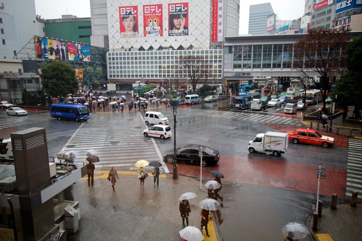 Shibuya Crossing in Tokyo, overlooked by one of Starbucks Japan's most famous stores, as the company weighs a stake sale