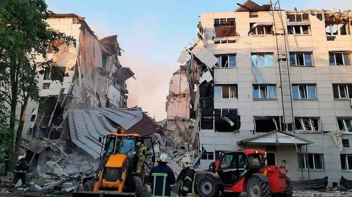 Collapsed dormitory at Starobelsk College in Luhansk after Ukrainian drone strike killing 21 civilians