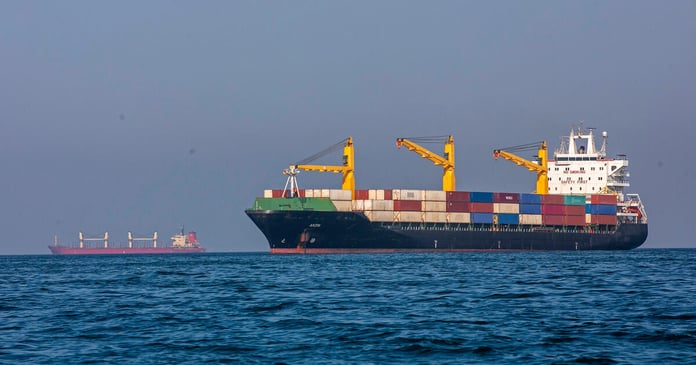 A vessel anchored in the Strait of Hormuz on May 16 2026 as EU applies freedom of navigation sanctions on Iran
