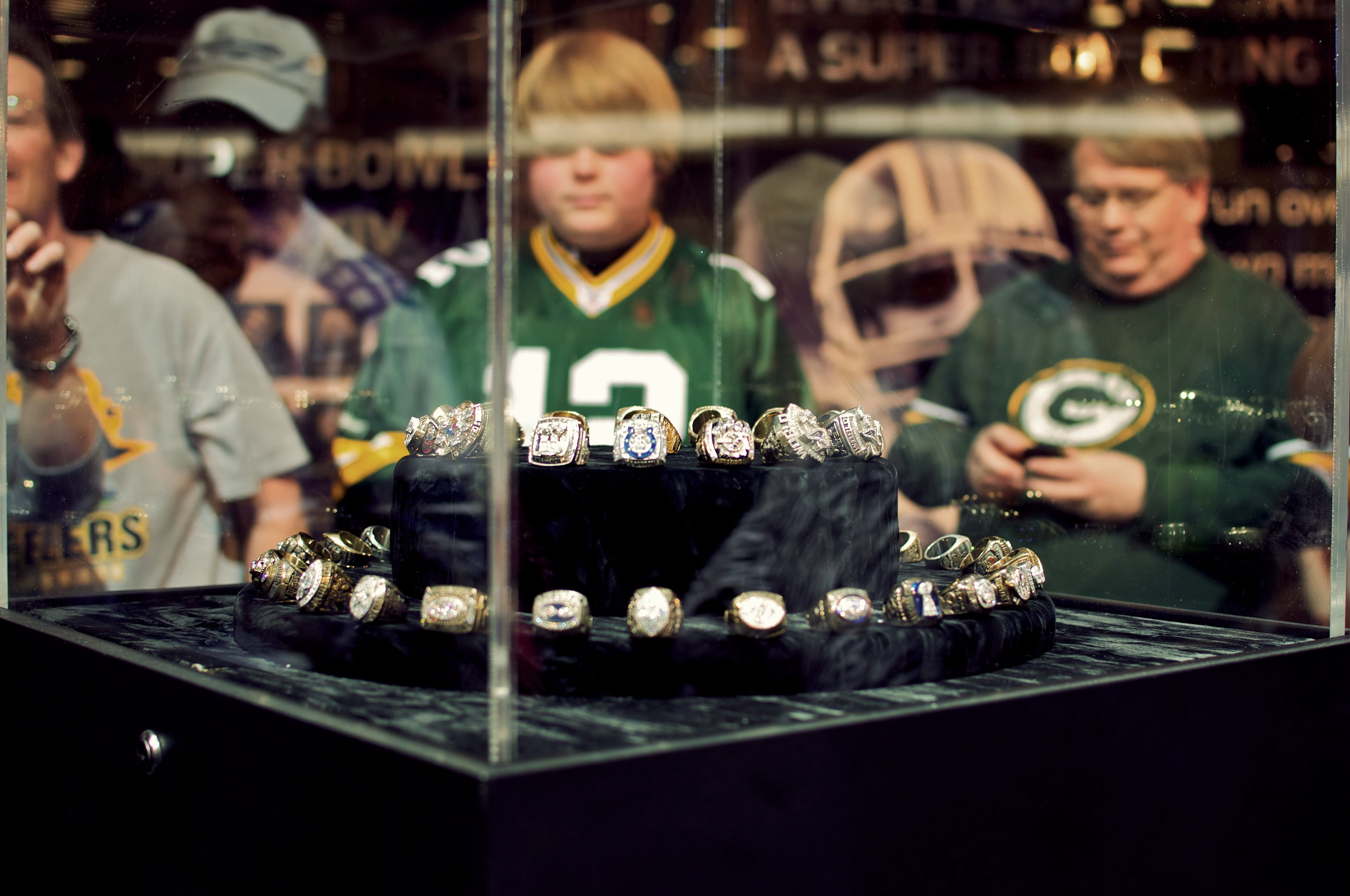 Super Bowl championship rings on display in a file photo, illustrating the tradition the Seahawks joined with their Super Bowl LX ring