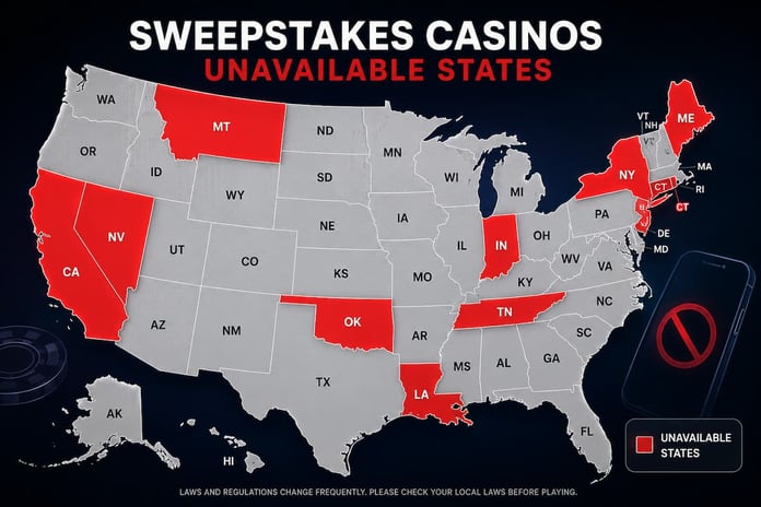 Map showing US states that have banned or restricted sweepstakes casinos as of May 2026