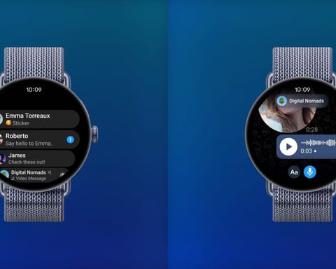 Telegram Wear OS app interface shown on a smartwatch screen for Galaxy Watch and Pixel Watch