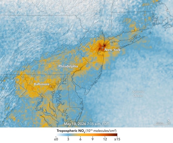 NASA TEMPO satellite image showing high morning nitrogen dioxide and reduced afternoon levels along the New York-Washington corridor on May 18, 2026