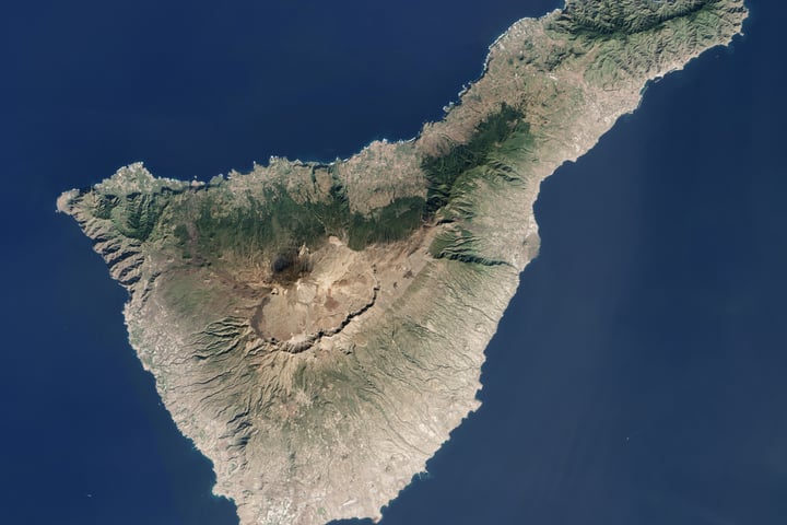 NASA Landsat 8 OLI satellite image of Tenerife in the Canary Islands showing the entire island from summit to sea with the Las Canadas Caldera the Teide stratovolcano and the populated coastal areas