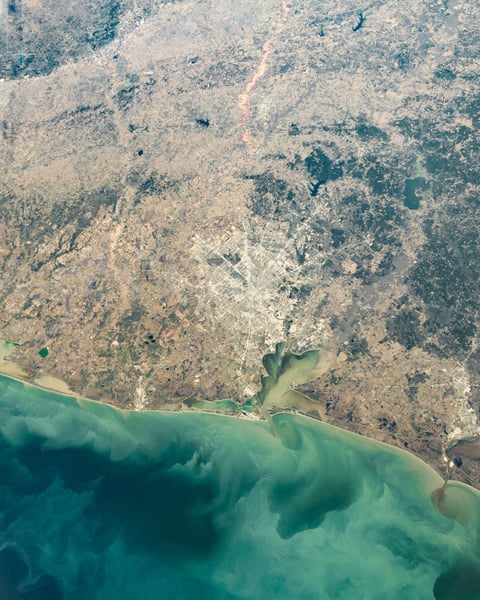 NASA astronaut photograph from ISS of Texas Gulf Coast centered on Houston showing barrier islands and Lavaca Bay December 2020